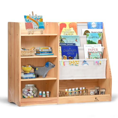 KRAND 4-Layer Kids Wooden Bookshelf, 4-Tier Layer Sling Bookcase, Baby Storage Book Rack,Toy Organizer Cabinet, Books Display for Playroom Livingroom Toddler Room Nursery and Classroom (Natural)