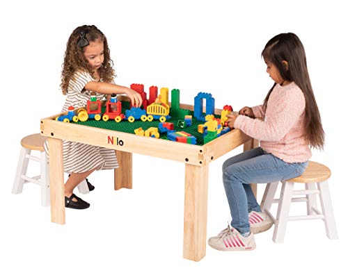 NILO Kids Play Table Set with 2 Compatible Lego Duplo Detachable Two-Sided Baseplates/Boards/Mats (N34 Activity Table without Holes, 24x32x20 and 2X Green Base Plates 12x32)