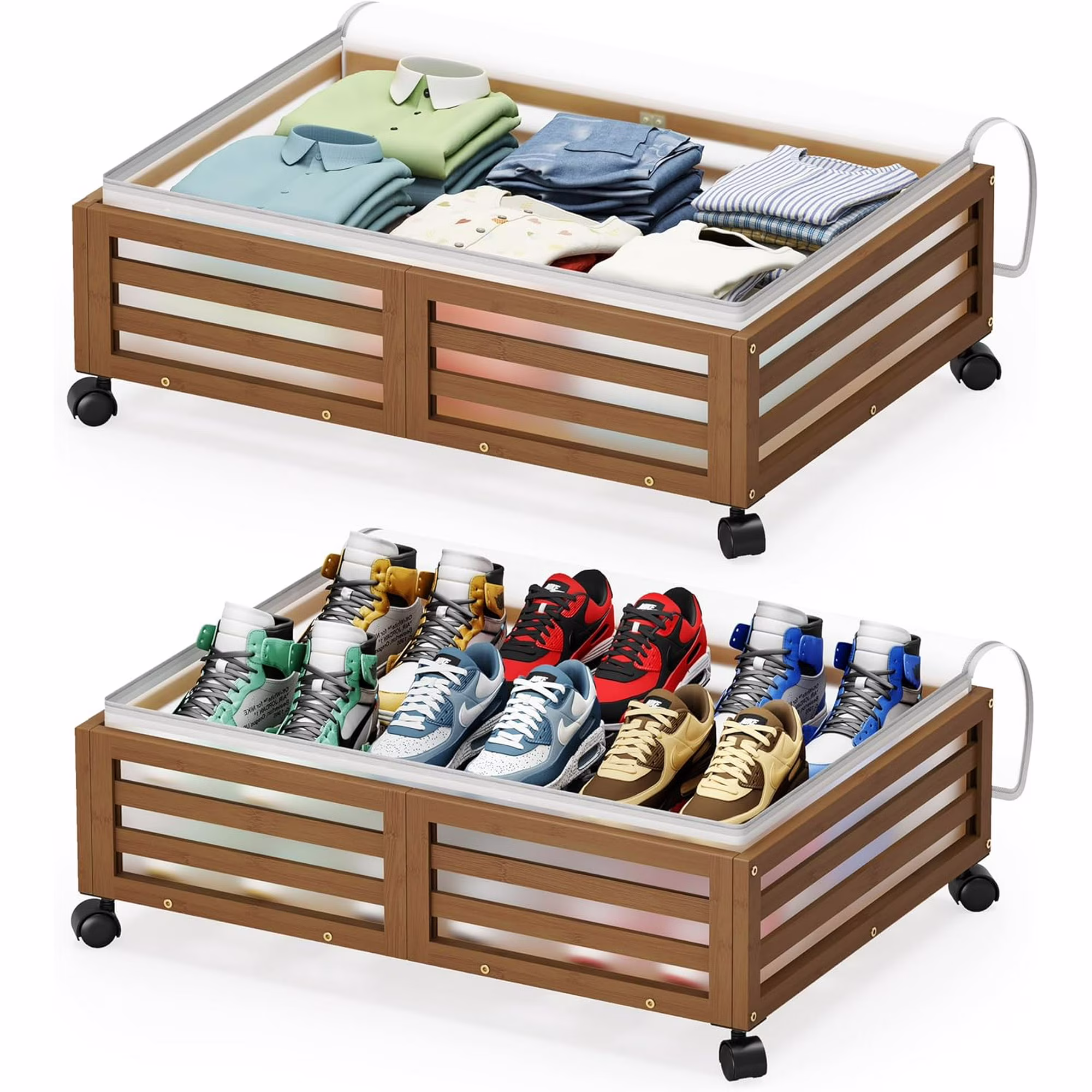 Under Bed Storage Containers With Wheels - 2 Pcs Bamboo Wood Rolling Underbed Shoe Storage Bins With Dust Bags for Clothes Blankets, Duvet Covers Snacks Toys (Walnut)