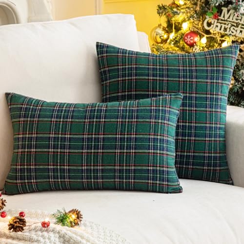 Pack of 2 Christmas Plaid Decorative Throw Pillow Covers Scottish Tartan Cushion Case for Farmhouse Home Holiday Decor Green, 20 x 20 Inches