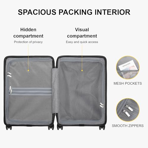 LEVEL8 Trunk Luggage, Large Suitcase 28 Inch Luggage with Spinner Wheels, Luminous Textured 28 Inch Checked Large Luggage, Lightweight Hard Case with Tsa Lock, 28 Inch, Black