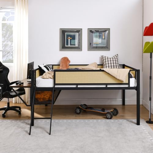 Metal Loft Bed with LED Lights Bunk Bed with Rectangular Desk Bed Frame with Storage Shelves and Hanging Storage Compartments for Bedroom