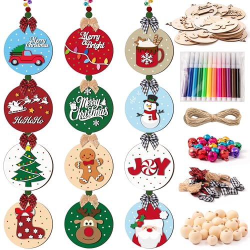 WATINC DIY 3D Christmas Ornaments Kit to Paint - 12 Styles Unfinished Wooden Hanging Decor with Raised Designs, Includes Paint Pens, Bells, Bows & Beads, Xmas Tree Crafts for Kids & Adults(Christmas)