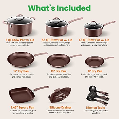 NutriChef 14-Piece Nonstick Cookware PFOA/PFOS-Free Heat Resistant Lacquer Kitchen Ware Set w/Saucepan, Frying Pans, Cooking, Dutch Oven Pot, Lids, Utensils, NCCW14S, Shiny Golden