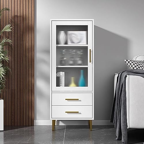Tall Corner Cabinet with Glass Doors and 2 Drawer, Modern Storage Cabinet, White Display Cabinet, Home Storage Furniture, for Bathroom Kitchen Living Room Bedroom (White 50x30x100cm)
