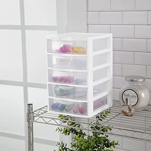 Sterilite Small 5 Drawer Desktop Storage Unit, Tabletop Organizer for Desk, Countertop at Home, Office, Bathroom, White with Clear Drawers, 12-Pack
