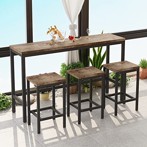 Danxee 4 Piece Iron Kitchen Breakfast Nook Counter Height Dining Table Set with 3 Wood Stools, Compact Kitchen Table for Kitchen, Dining Room, Dinette, Breakfast Nook, Pub Table (Natural)
