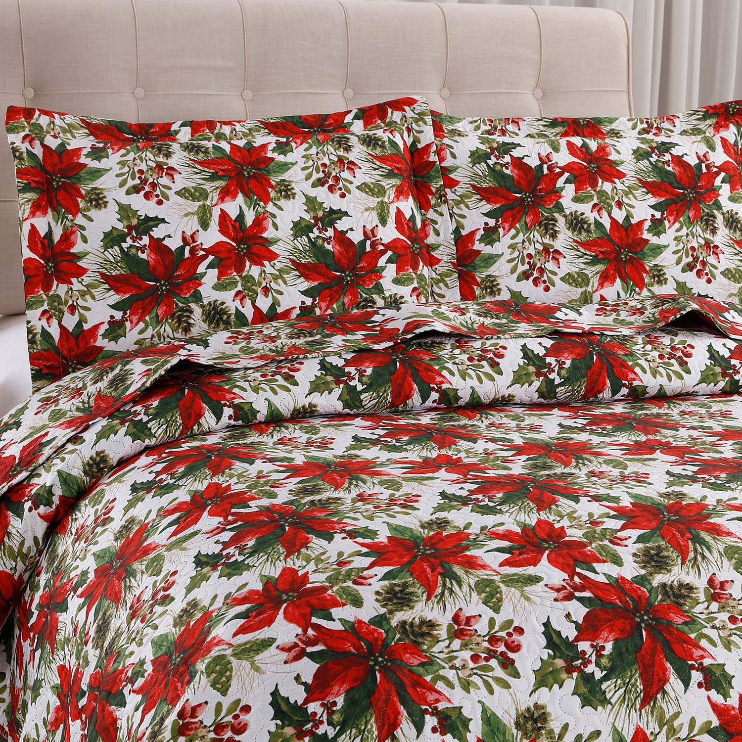 Christmas Quilt Set King Size Poinsettia Floral Bedspread Coverlet New Year Holiday Bedding Decoration Lightweight Christmas Flower Bed Set Blanket with Pillow Shams