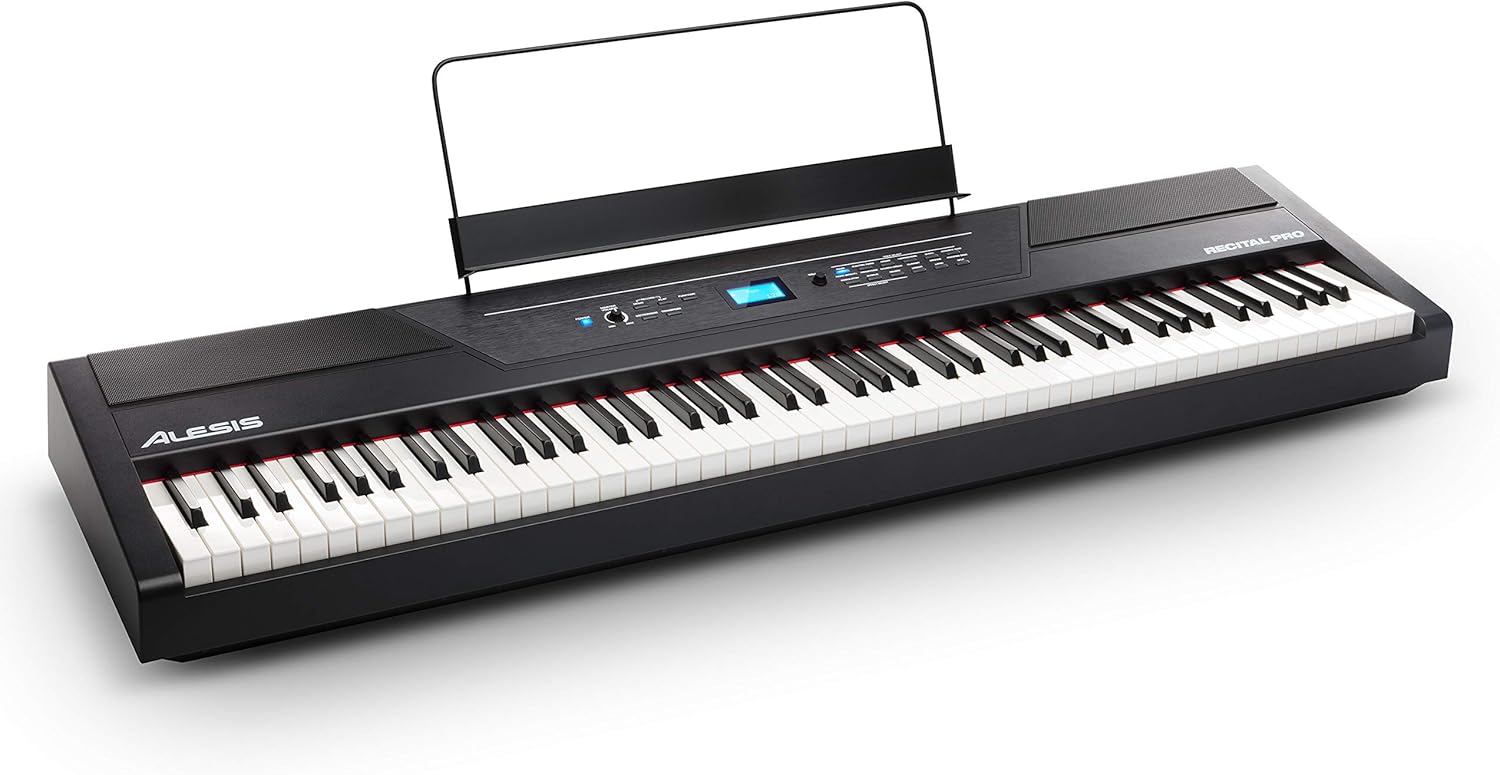 Alesis Recital Pro - 88 Key Digital Piano Keyboard with Hammer Action Weighted Keys, 2x20W Speakers, 12 Voices, Record and Lesson Mode, FX and Display