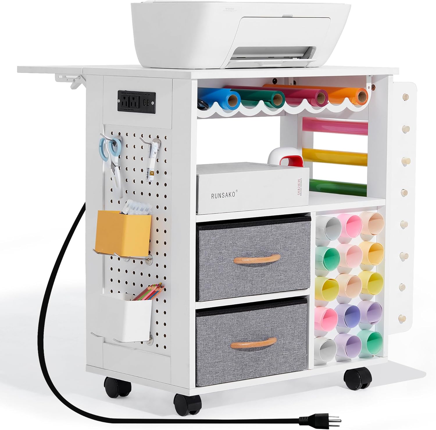 CRAFTEASE Rolling Craft Cart and Storage Table Compatible with Craft Machines Foldable Craft Cabinets w/USB Ports & Outlets Vinyl Roll Holder Craft Accessories Organizer Workstation for Craft Room