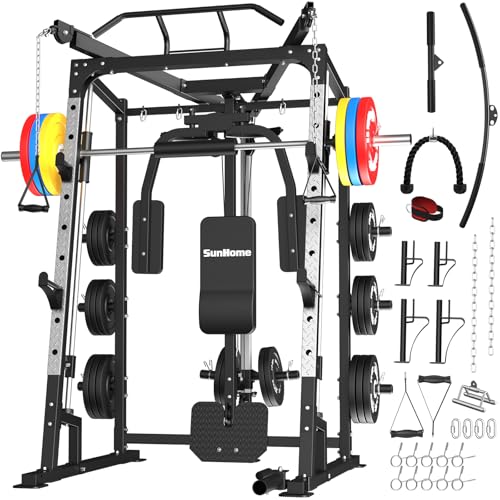 SunHome Smith Machine, 2000LBS Power Cage Squat Rack with Smith Bar, Two LAT Pull-Down Systems, Cable Crossover Machine and and More Cable Attachment for Home Gym