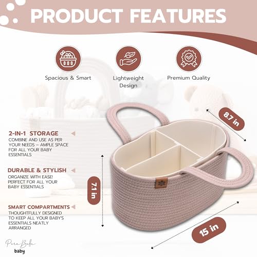 PeraBella Baby Diaper Caddy Organizer Girl, Nursery Storage Rope Baby Basket, Changing Table Organizer, Car Caddy Bag, Baby Boy Shower Gifts, Newborn Essentials Baby Registry Search Nursery Must Haves