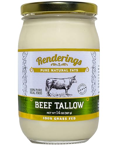 Renderings Beef Tallow, 100% Grass-Fed & Finished, Cooking, Baking and Frying, 14 oz jar