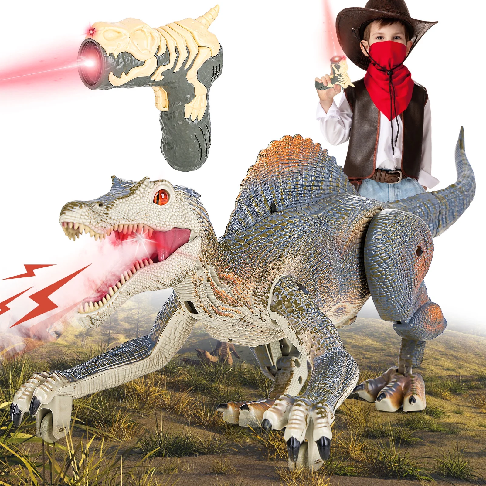 AOKESI Remote Control Dinosaur Toys, Electronic Walking Robotic Dinosaur Toy w/ Light Chasing Remote Control Auto Spraying Roaring, RC Dinosaur Toys Christmas Gift for Kids Boys Girls 3-12