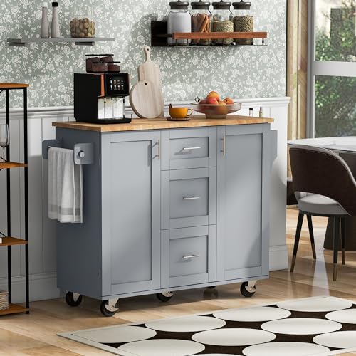 Kitchen Cart with Wood Drop-Leaf Countertop, Kitchen Island on Wheels with Adjustable Shelf Storage Cabinet and 2 Drawers, Concealed Sliding Barn Door, 52.2