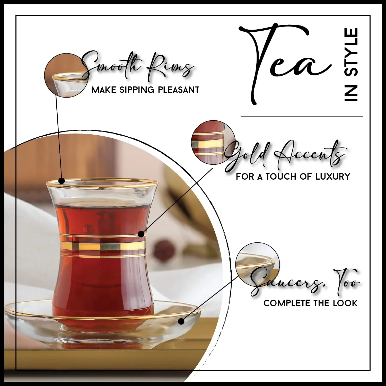 Vikko Turkish Tea Glasses & Saucers, 4 Oz Authentic Turkish Tea Cups,Set of 6 Clear Glass Tea Cups And Saucers, Gold Accented Turkish Tea Cup Set, 6 Cups and 6 Plates