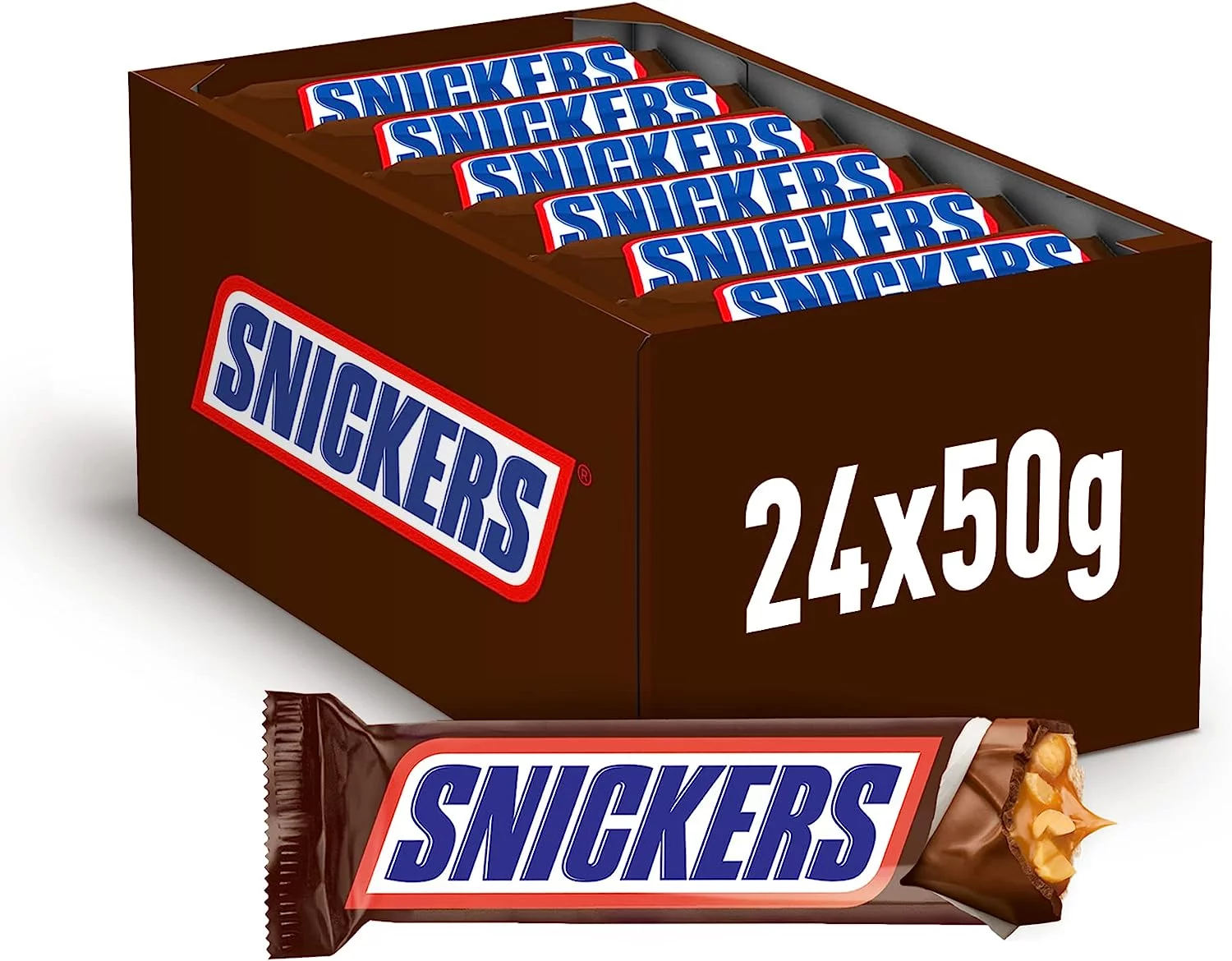 Snickers Full Size Candy Bar with Caramel and Roasted Peanuts Chocolate Covered, 24 bars x 50g (1200g) (DL PACKAGING)