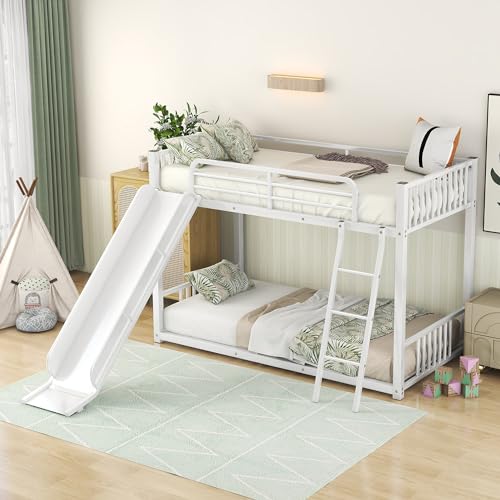 Metal Junior House Low Bunk Bed Twin Over Twin with Slide and Ladder, Montessori Floor Bunk Bed Frame with Full-Length Guardrail, Noise Free