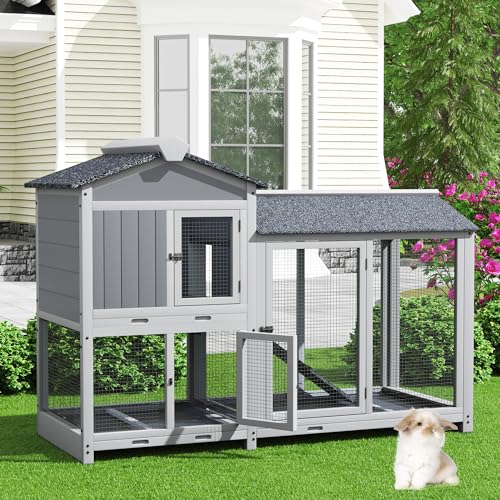 Rabbit Hutch Indoor Outdoor Bunny Cage 63” Guinea Pig Cage Chicken Coop 2 Story Rabbit House with Removable Trays Roof, Pet Furniture for Small Medium Animals, Grey