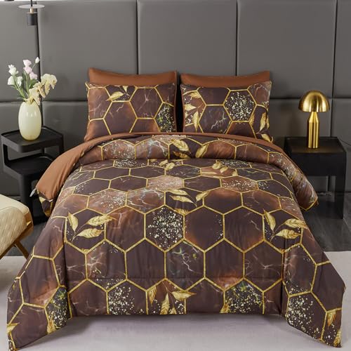 ANGIYUIN Geometric Black Queen Comforter Set, 7 Pieces Modern Foil Print Decor Gold Trim Bed in A Bag, Ultra Soft Lightweight Duvet Insert for All Season (Black Queen)