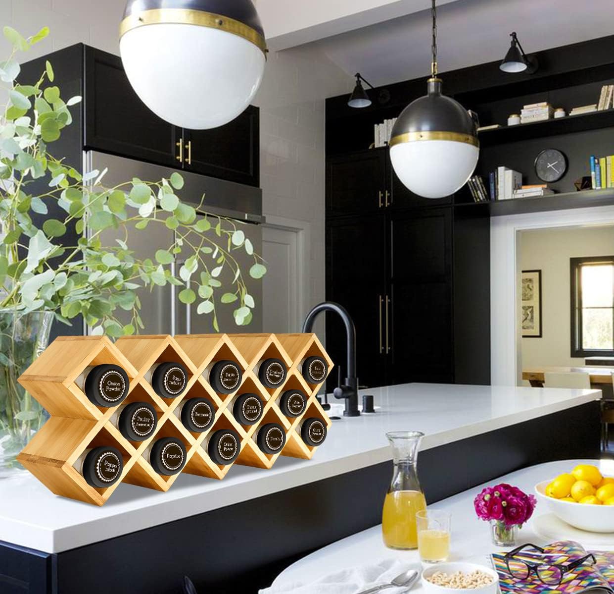 Bamboo Criss Cross Spice Rack Organizer for Cabinet, Wood Seasoning Rack Spice Organizer Holder, 18-Jar Spice Rack Tower Spice Storage Organizer for Kitchen Countertop Drawer-Jars Not Include