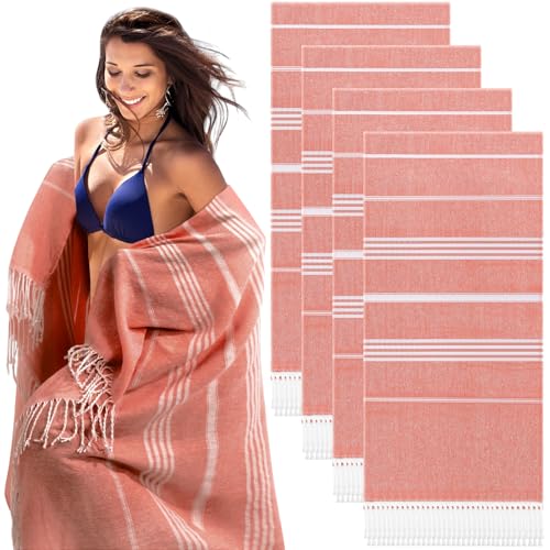 4 Pcs Cotton Turkish Beach Towels Oversized 39 x 71 Inch Pool Towels Quick Dry Extra Large Light Travel Towel Turkish Beach Blanket for Adults Beach Accessories Gifts (Bright Color)