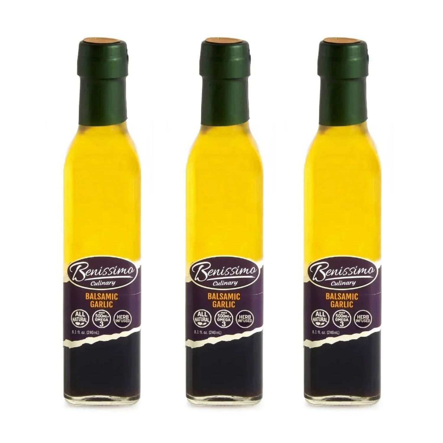 Benissimo Balsamic Garlic Infused Oil, 8.1 Fl Oz (3 Pack) - Perfect for Salads, Beef & Veal Marinades, Rich in Omega-3, Infused with Natural Ingredients