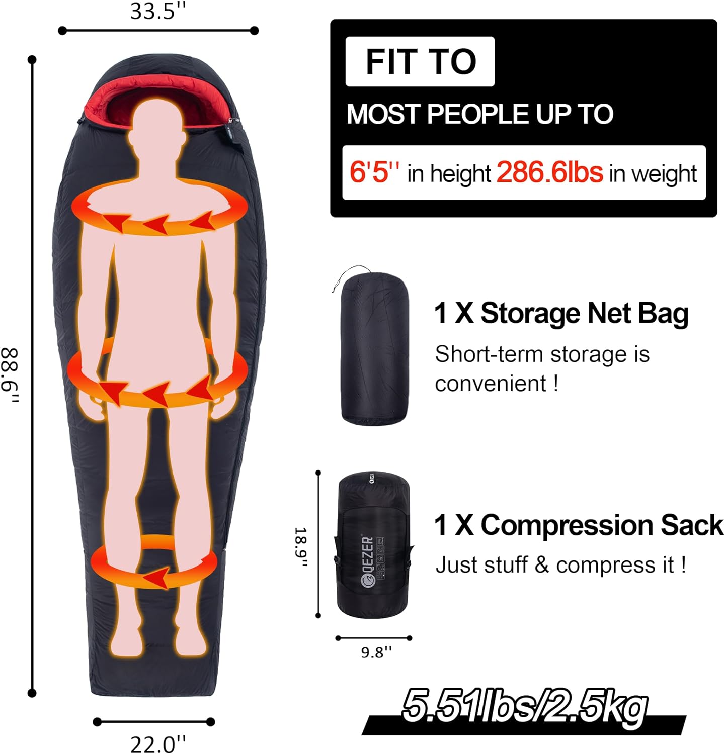 0 Degree Sleeping Bag for Adults 660 Fill Power Down Sleeping Bag for Cold Weather -20°F / -8°F / 0°F / 10°F Large Lightweight Sleeping Bag