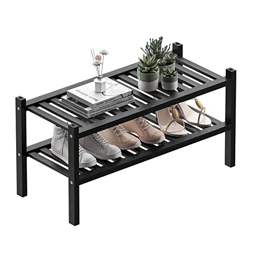 6-Tier Bamboo Small Shoe Rack, Free Standing Wood Shoe Shelf Storage Organizer for Closet Entryway Stackable (Black)