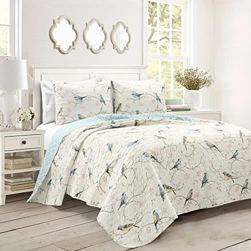 Lush Decor Botanical Bird and Flower Oversized 3 Piece Reversible Quilt Set, Full/Queen, Multi