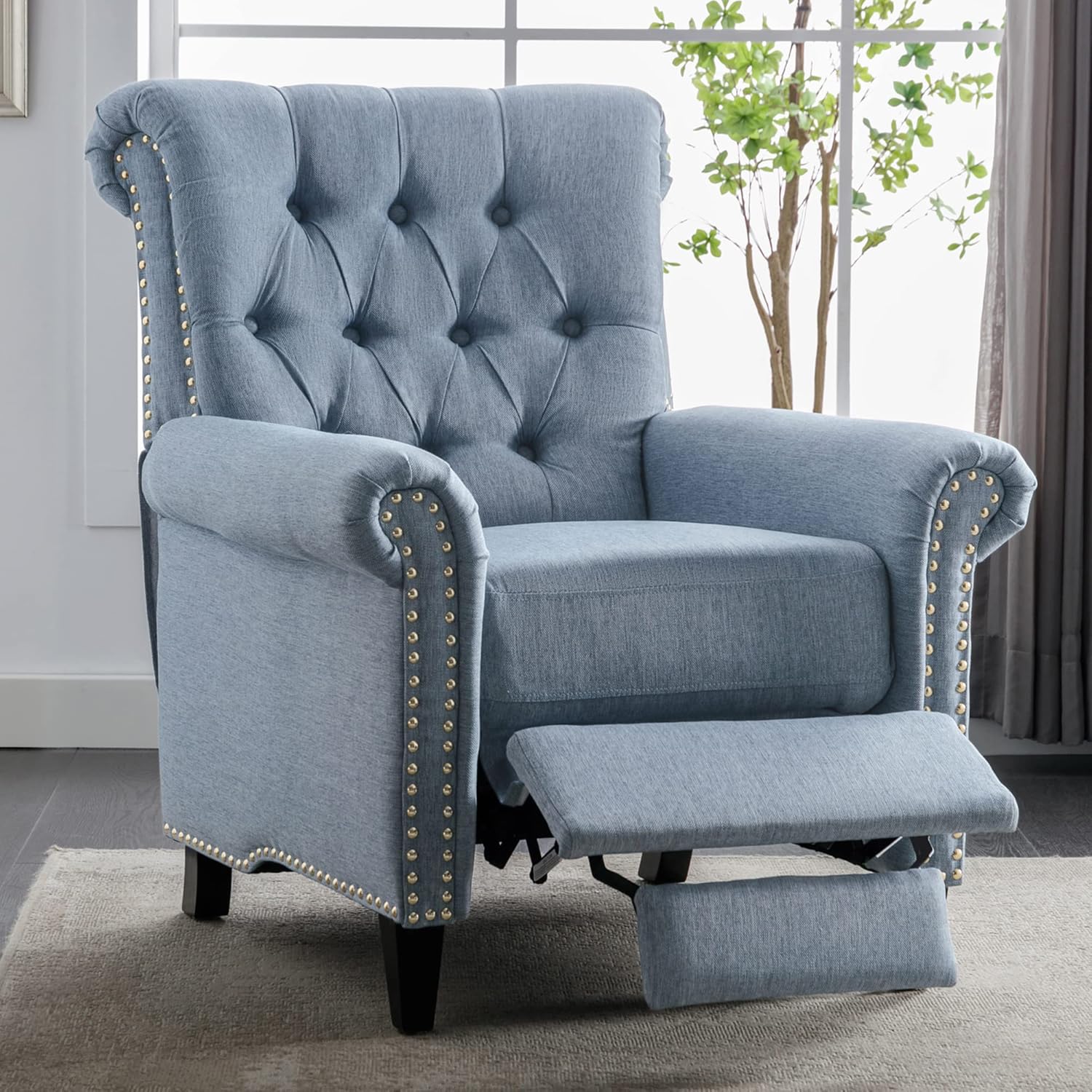 Pushback Recliner Chair, Linen Tufted Armchair Push Back Recliner with Rivet Roll Armrest, Single Sofa Accent Chair for Living Room and Bedroom