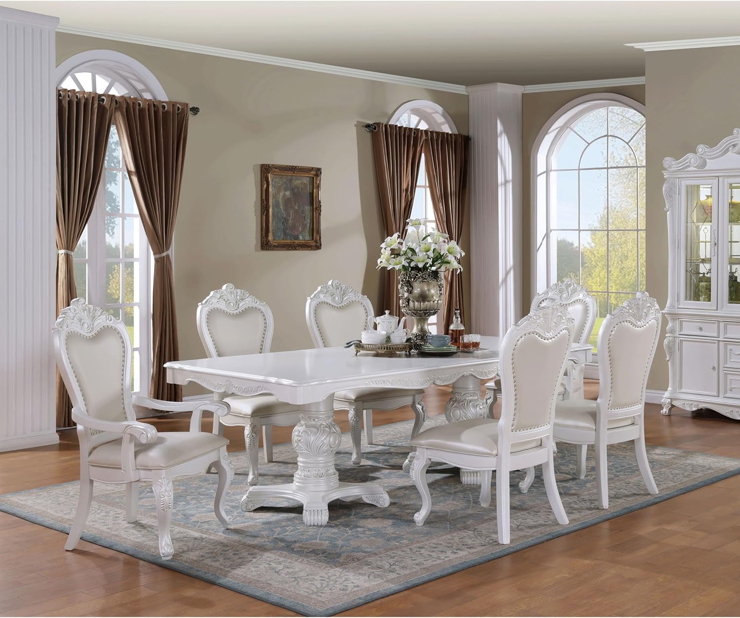 Furniture of America Adair Traditional Solid Wood 7-Piece Dining Set with Double Pedestal Expandable Table and 6 Leather Padded Side Chairs for Home, Kitchen, Living Room, White