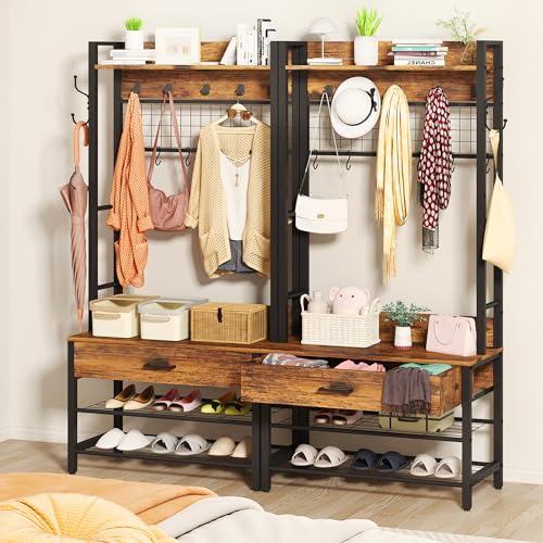 DKLGG Hall Tree with Bench and Shoe Storage for Entryway, 5-in-1 Coat Rack with Shoe Storage, Wood Look Accent Shoe and Coat Rack, Farmhouse Hall Tree with 12 Hooks for Mudroom, Bedroom, Living Room