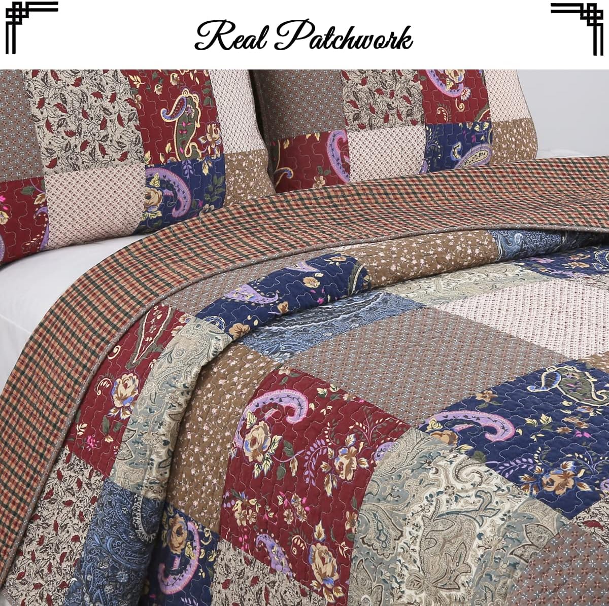 Cozy Line Home Fashions Floral Paisley Print 100% Cotton Real Patchwork Quilt Bedding Set, Reversible Coverlet, Bedspread(Sanders Red, King - 3 Piece)