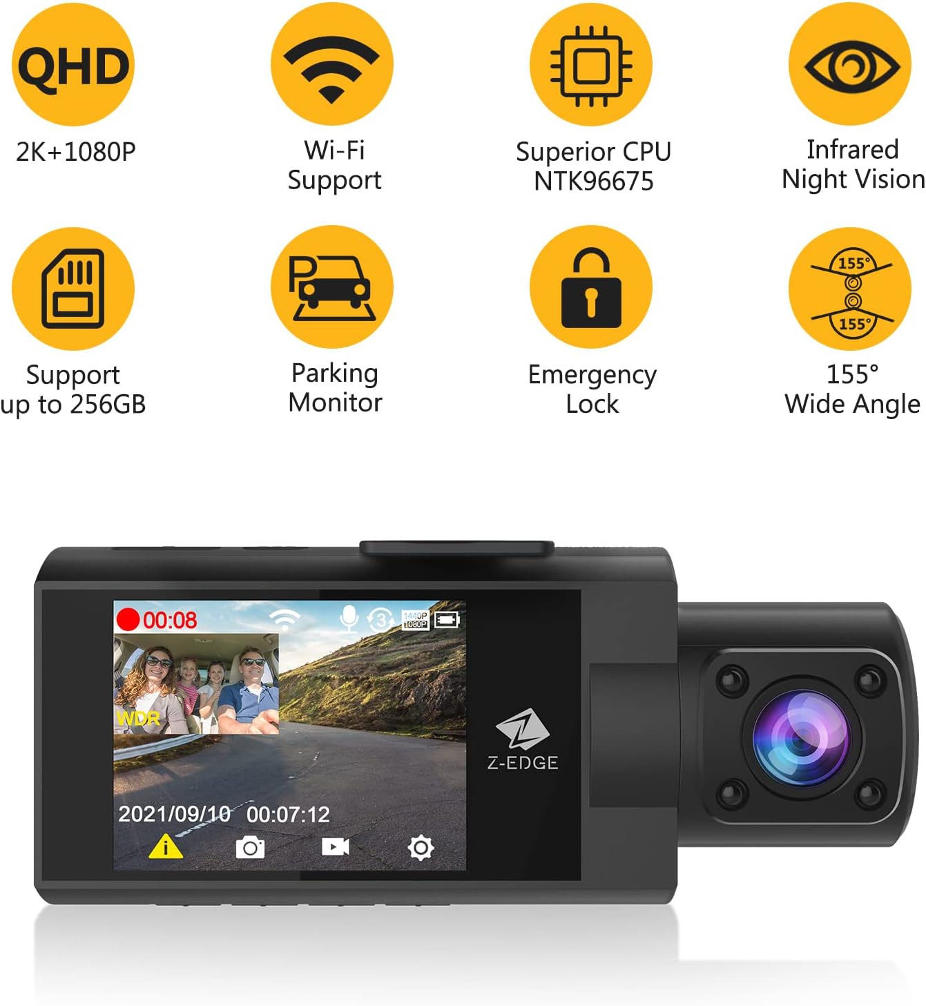WiFi Dash Cam, Z-Edge New Version Z3Pro Dash Cam Front and Inside, 2K+1080P Front and Inside Dual Dash Cam, Car Camera, IR Night Vision, Parking Mode, G-Sensor, Support 256GB