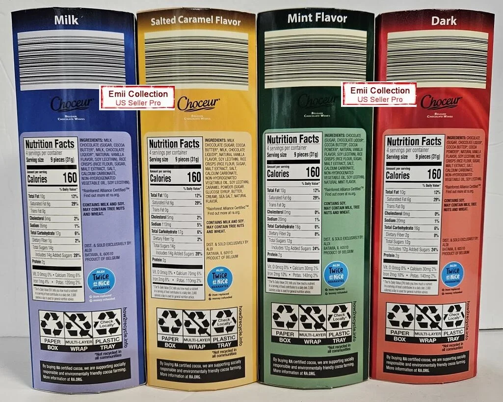 Choceur Belgian Chocolate Waves, Milk & Salted Caramel, Mint, Dark (4 Rolls)