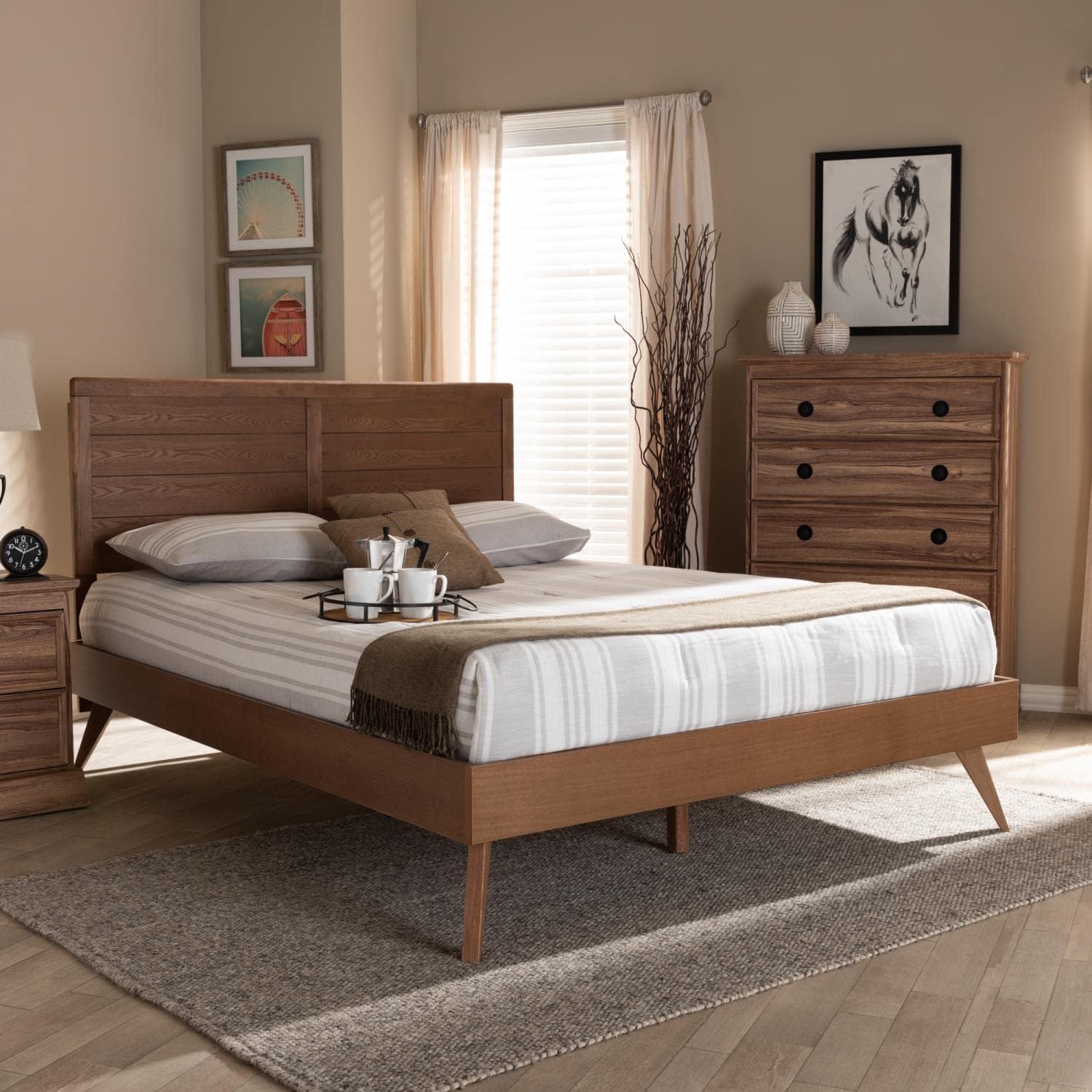 Baxton Studio Artemis Mid-Century Wood Queen Platform Bed in Walnut Brown