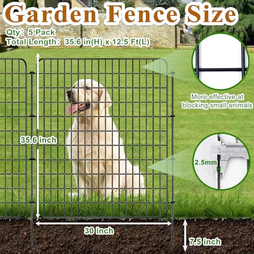 10 Panels Dog Fence Outdoor for Yard, 36 in(H) X 25 ft(L) Decorative Garden Fence Rustproof No Dig Animal Barrier Fencing Metal Wire Panel Border Patio Rabbits Ground Stakes