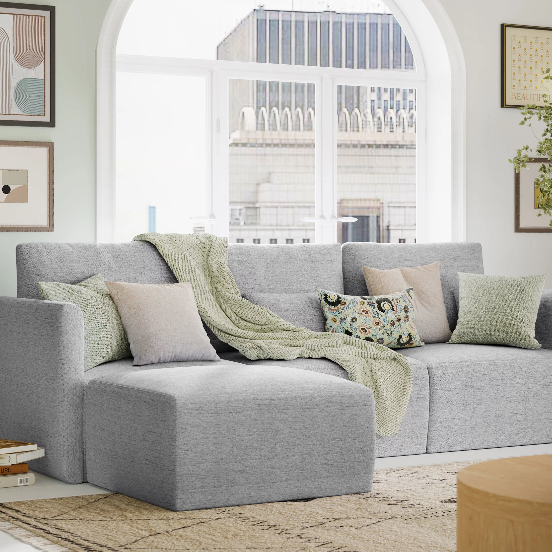 Beautiful Drew Modular Sectional Sofa with Ottoman by Drew Barrymore, Gray Fabric - Radiant Selections