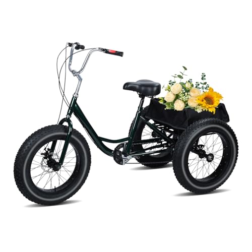 Adult Tricycles 7 Speed, Adult Trikes 20 inch 3 Wheel Fat Tire Bikes, Three-Wheeled Bicycles Cruise Trike with Shopping Basket for Seniors Women Men Shopping Picnic Outdoor Sports Black