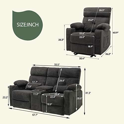 Recliner Sofa Set for Living Room, 2 Pieces Recliner Furniture Sofa Set, Power Reclining Sofa and Recliner, Reclining Living Room Set, Wall Hugger Reclining Sofa for Living Room