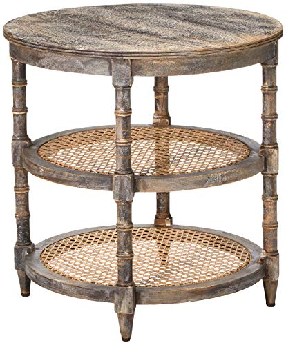 Creative Co-Op Round Mango Wood Table with 2 Cane Shelves