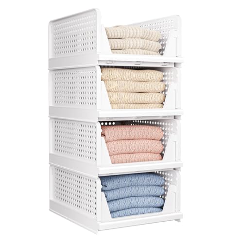 CTSNSLH 5 Pack Folding Closet Organizers Storage Box, Stackable Storage Bins, Plastic Drawer Basket Closet Storage for Wardrobe Cupboard Kitchen Bathroom Office White-5L