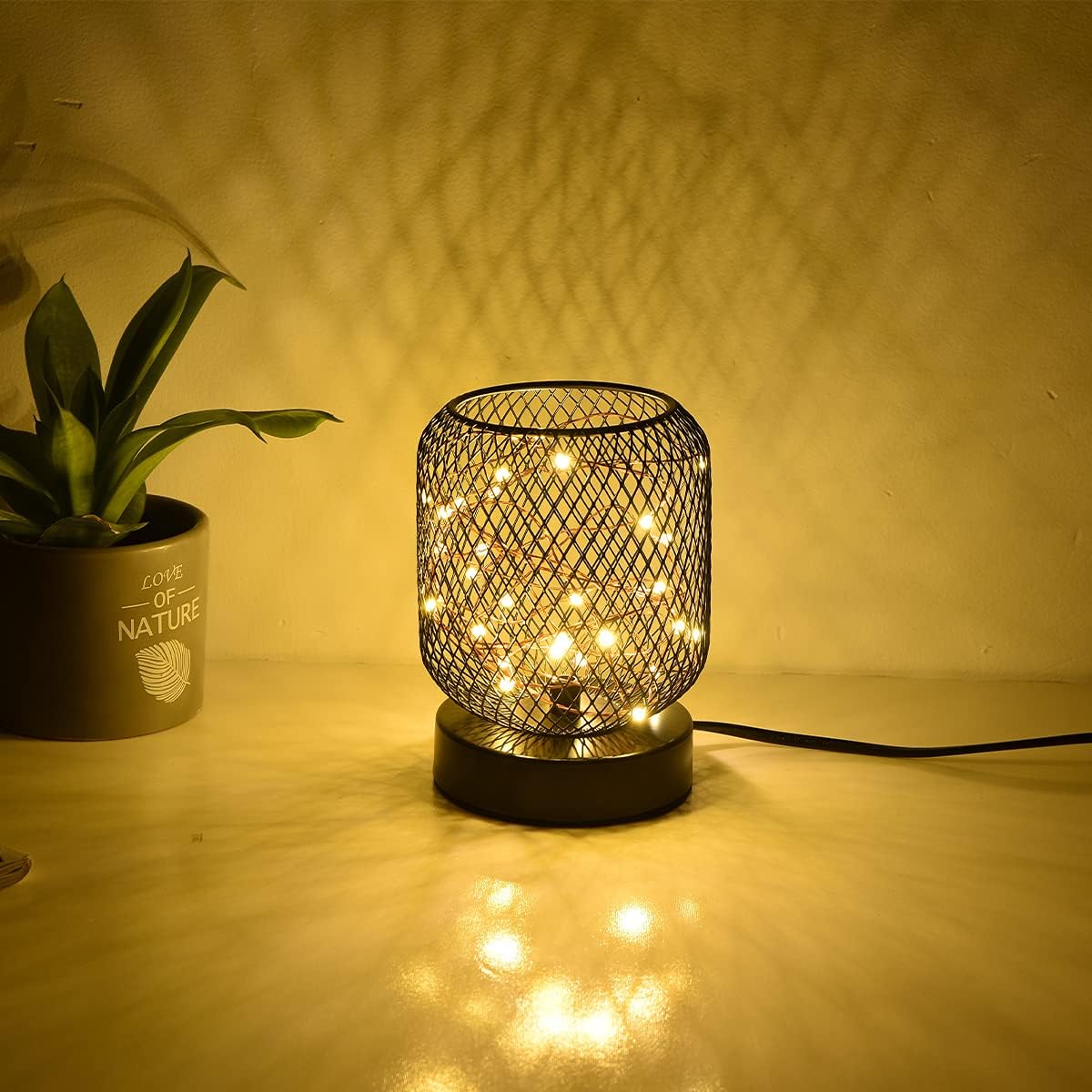 WGJEKI Cage Desk Lamp Starry Sky Led Lights String Iron Mesh Retro Lamp Used in Bedroom Living Room Kid's Room Birthday Party Wedding AC with Black Switch Wire