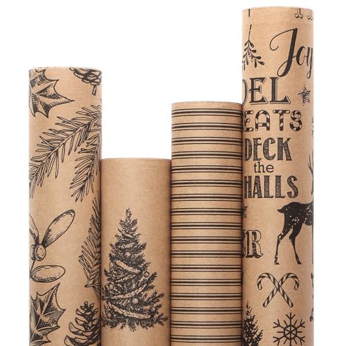 Ribbli Christmas Wrapping Paper, 4 Rolls Vintage Christmas Gift Wrapping Paper, Brown Kraft Paper with Black Pattern, 17 x120 inch(10ft) Per Roll