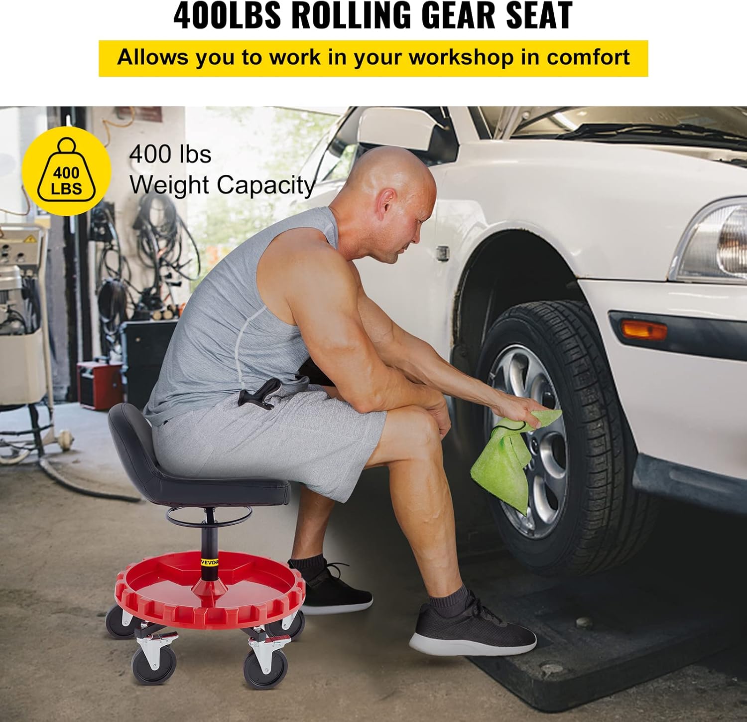 VEVOR Pneumatic Stool,400 LBS Rolling Garage Stool,22” to 26” Adjustable Height Mobile Rolling Gear Seat,Round Shop Stool with Parts Tray,All-Terrain 5