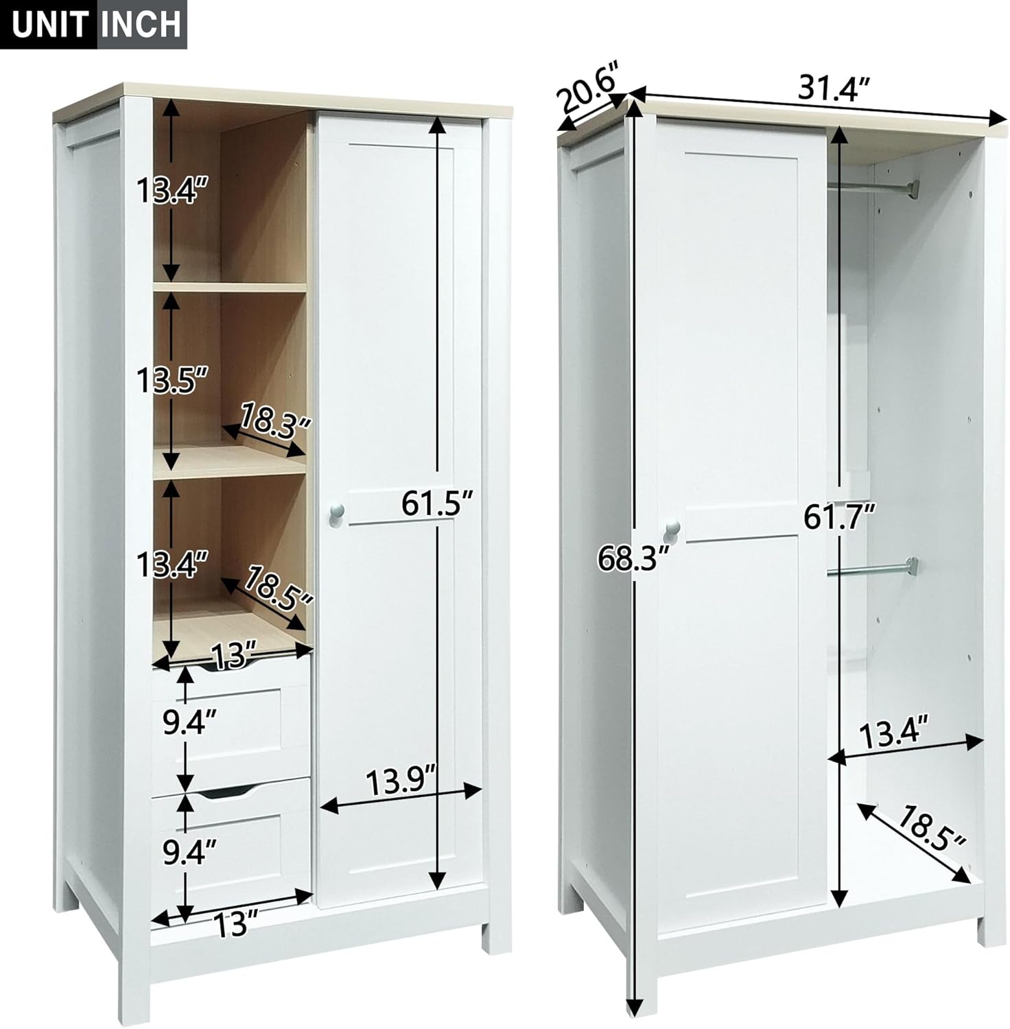 Armoire Wardrobe 1 Sliding Door and 2 Drawers, Clothes Cabinet with Hanging Rod, Freestanding Wooden Closets Organization for Bedroom, 31.4″x20.6″x68.3″, White