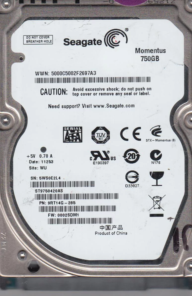ST9750420AS, 5WS, WU, PN 9RT14G-285, FW 0002SDM1, Seagate 750GB SATA 2.5 Hard Drive
