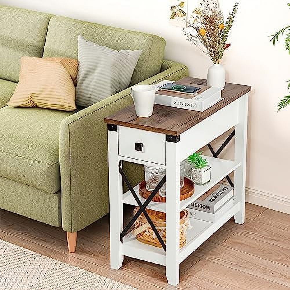 RUNFAYBIU Narrow End Table with Charging Station - Bohemian Slim    with USB Ports Power Outlets  Nightstand with Flip Top  Drawer  Small Spaces Living Room Bedroom  Oak Color