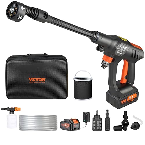 VEVOR Cordless Pressure Washer, 580-PSI 1.1 GPM Portable Power Cleaner, Handheld High-Pressure Car Washer Gun with 4.0Ah Battery, Charger, 6-in-1 Nozzle, for Home/Floor Cleaning & Watering
